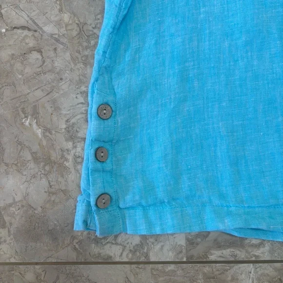 Cynthia Rowley 100% Linen Aqua Blue Short Sleeve Top Button Hem Size L - Picture 6 of 9